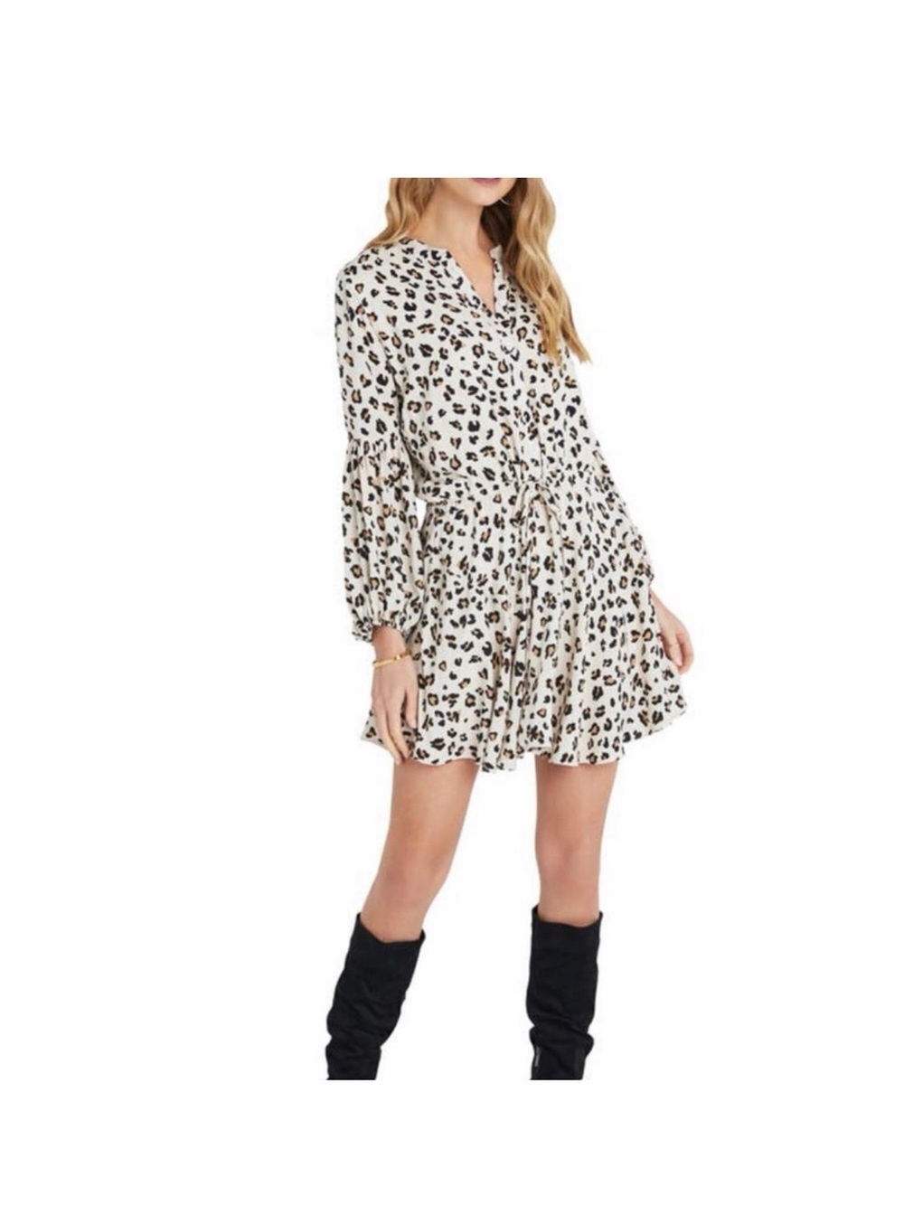 VICI Beige Leopard Print Long Sleeve Tiered Dress